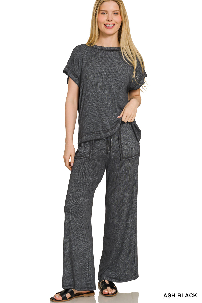 Ribbed acid wash rayon top & pants set
