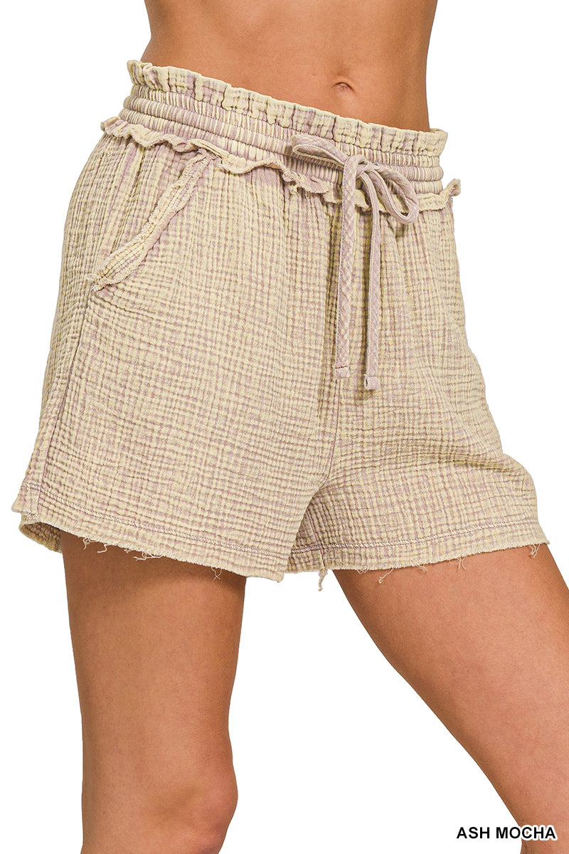 Washed double gauze frayed hem drawstring shorts