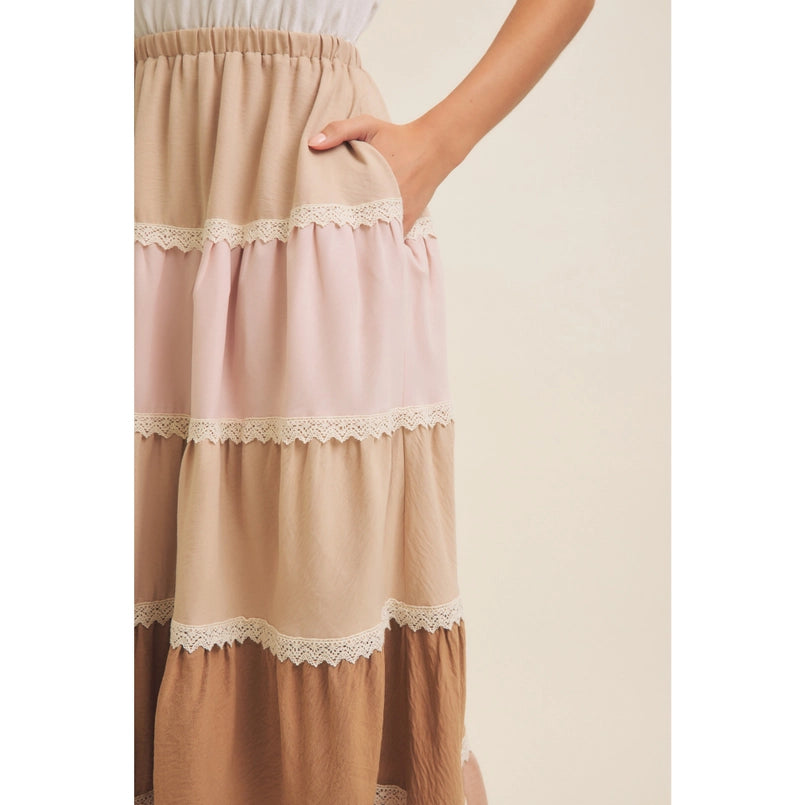 Flutter-Sleeved Midi Dress W/ Tiered Ruffles & Color Blocked