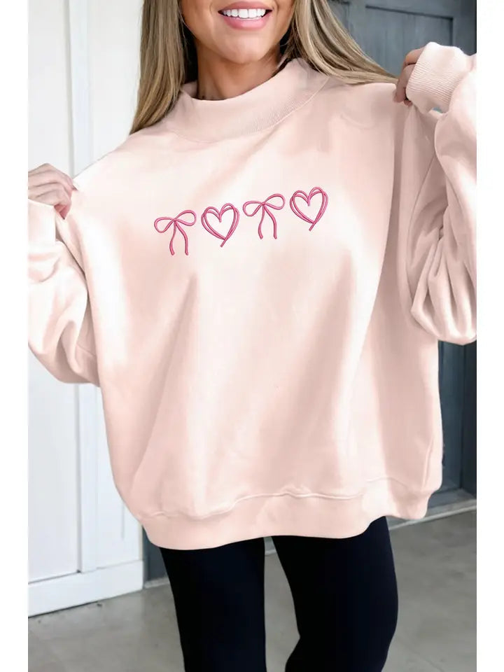 Las Valentines Bow Heart Embroidered Sweatshirt