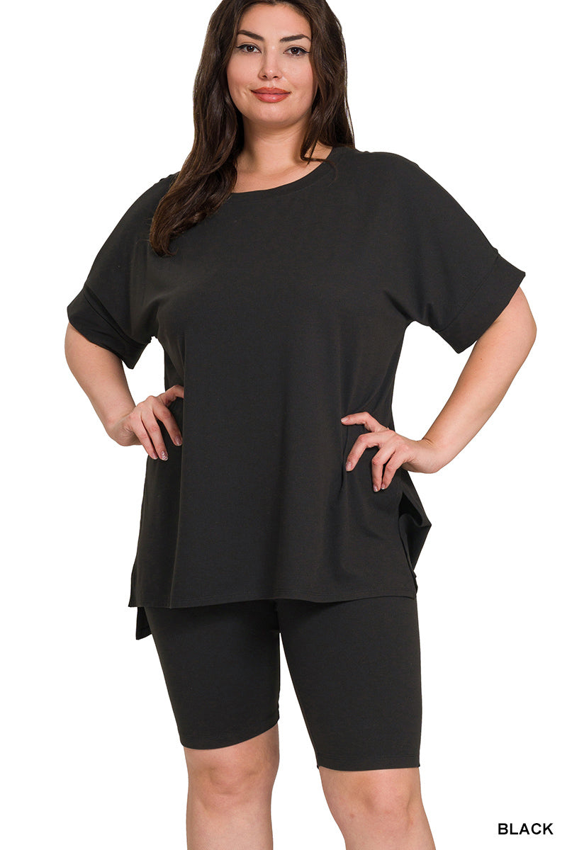 Plus Brushed DTY Microfiber R-Neck Top and Biker Short Set