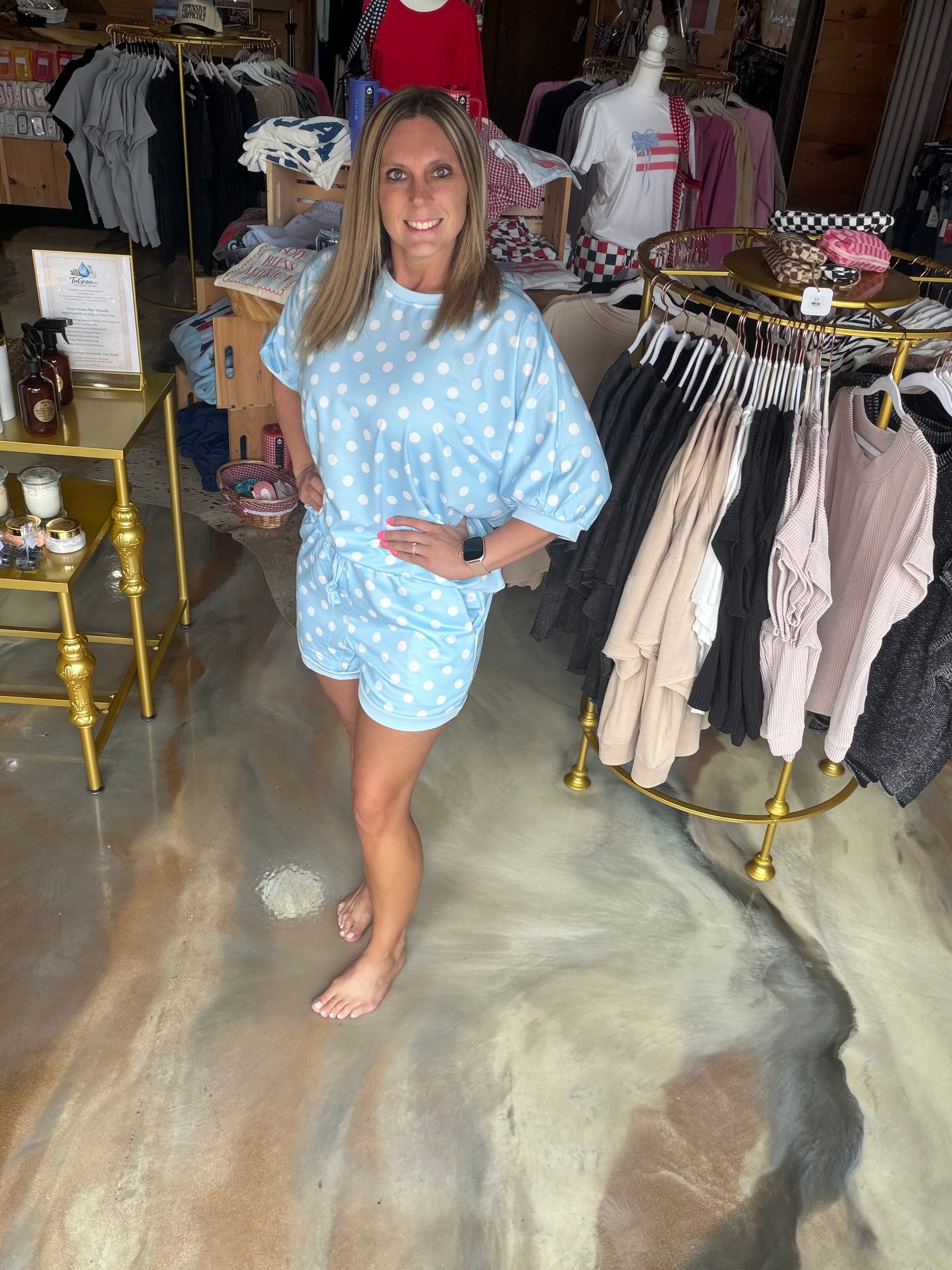 Polka Dot Print Top Drawstring Shorts Set