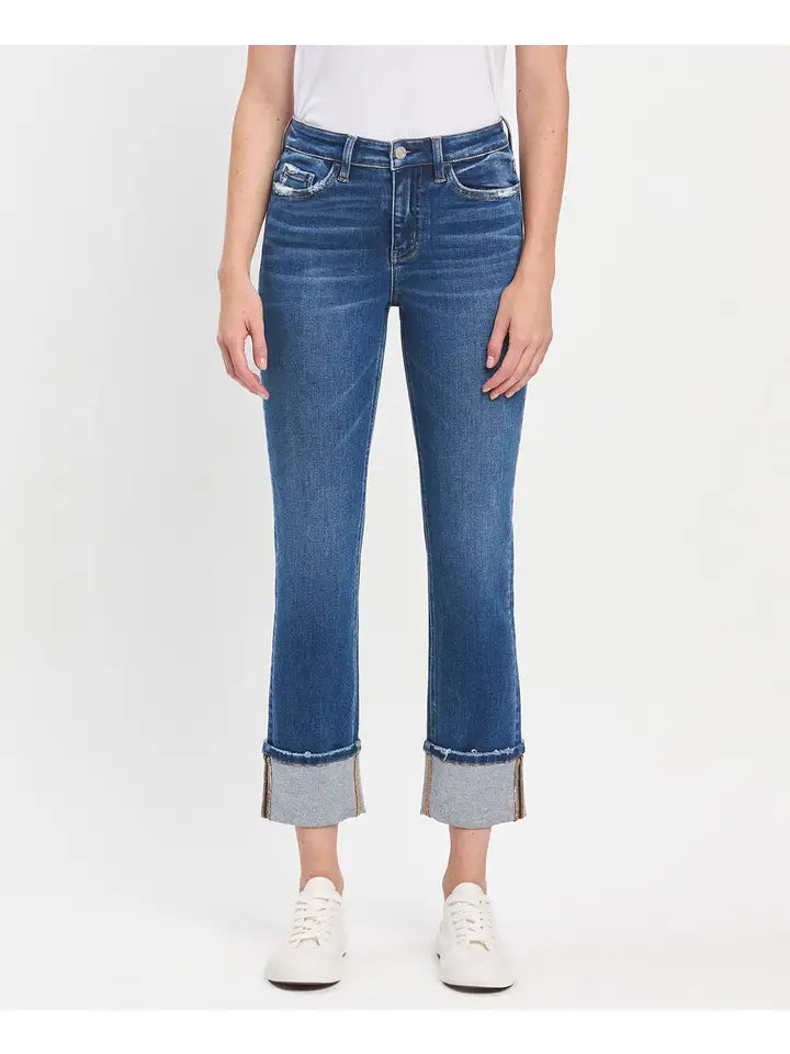 High Rise Cuffed Slim Straight Jeans