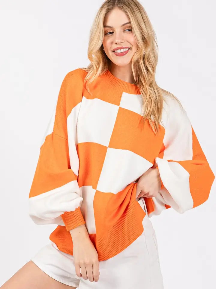 Game Day Checkered Sweater Orange