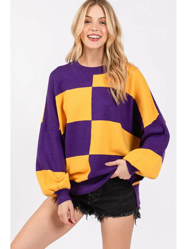 Game Day Checkered Sweater Purple
