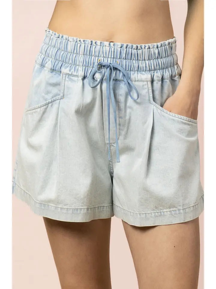 PLUS Size Elastic Waist Washed Chambray Shorts