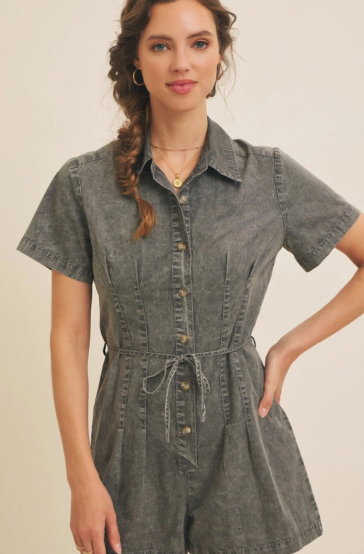 Mineral-Washed Cotton Romper W/ Pleated Waist & Belt