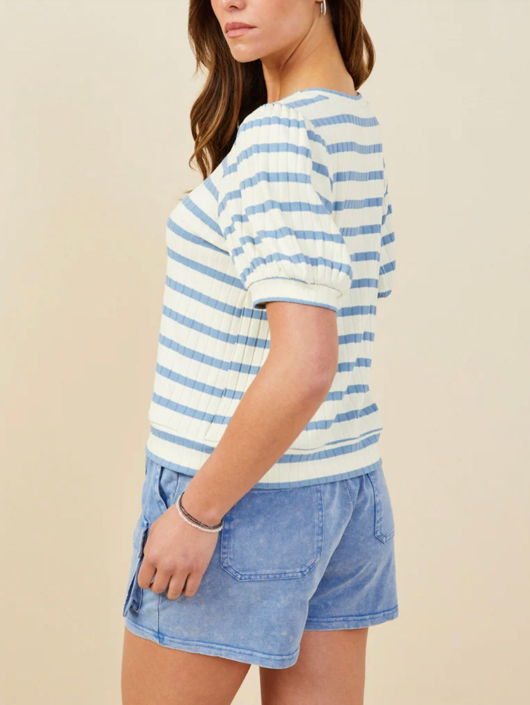 Womens Striped Puff Sleeve Ribbed Knit Top