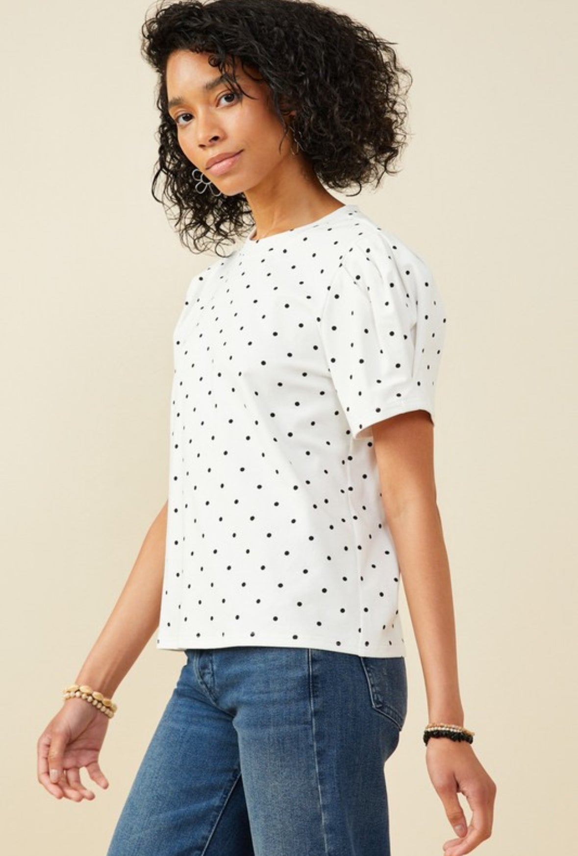 Women Puff Sleeve Polka Dot Knit Tee