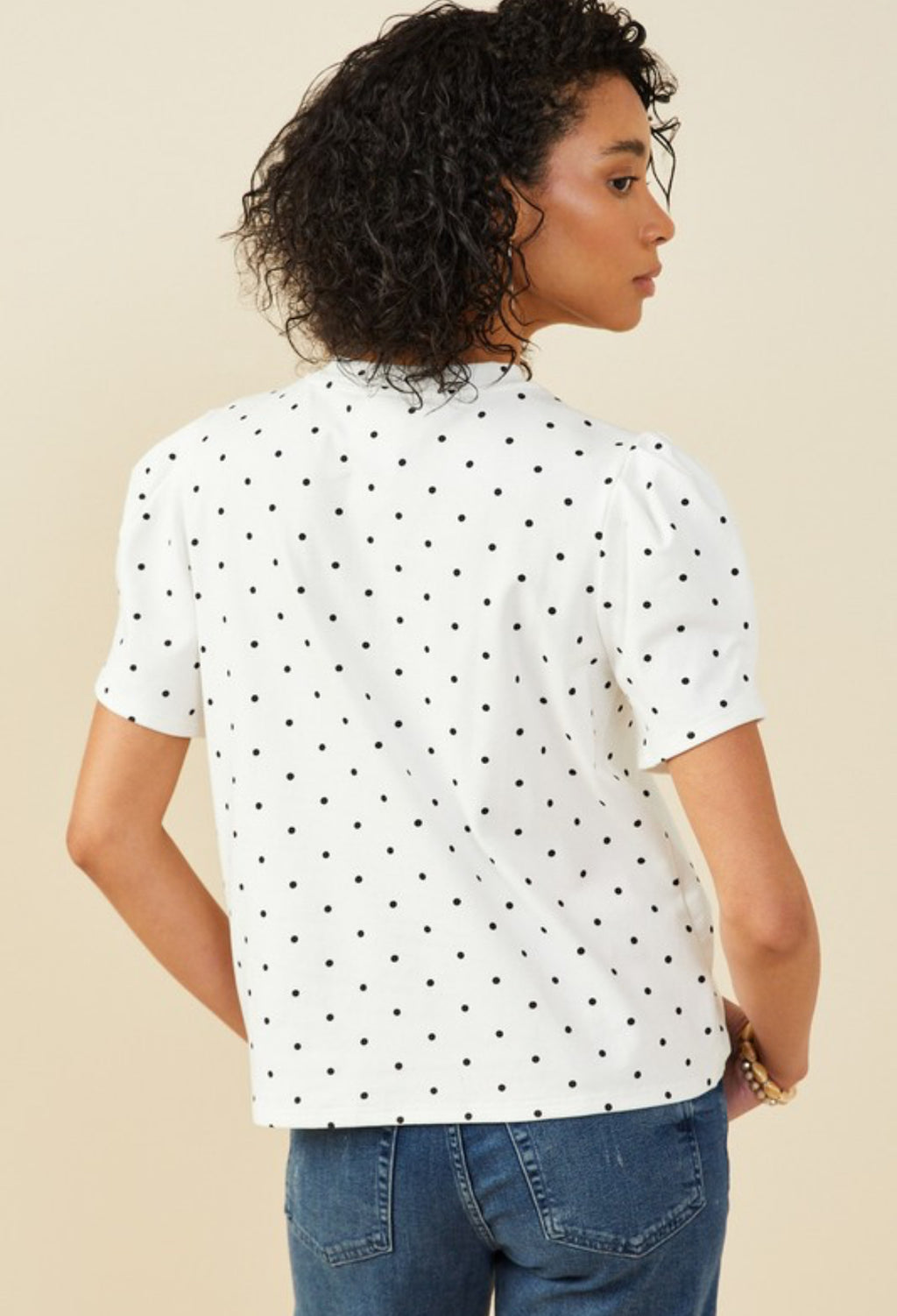 Women Puff Sleeve Polka Dot Knit Tee