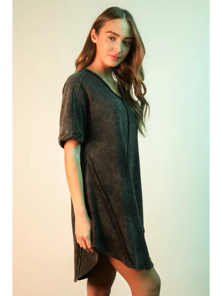 Mineral Washed Ribbed Knit Shift Mini Dress
