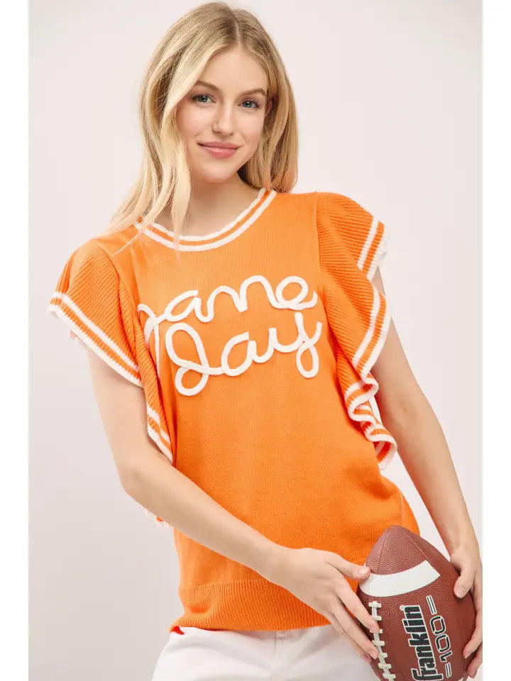 Ruffle Sleeve Varsity Gameday Top Orange