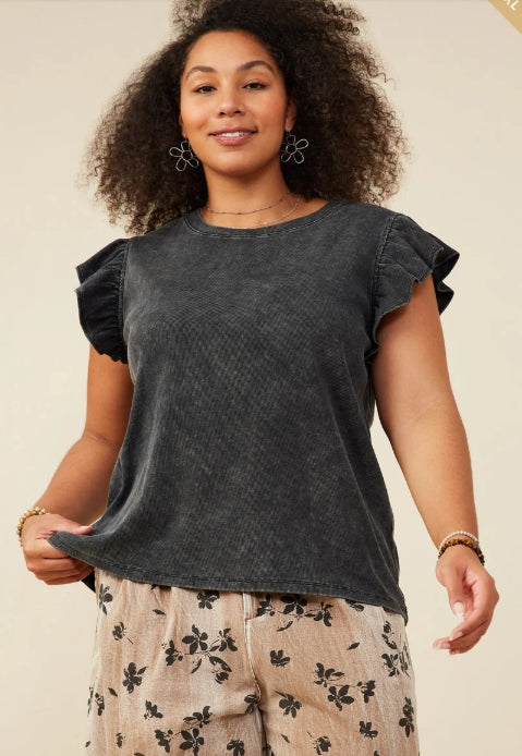 Washed Ribbed Flutter Sleeve Knit Tank