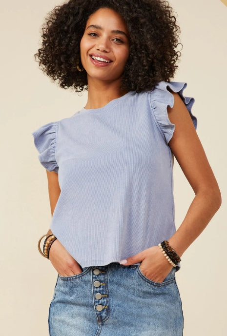 Washed Ribbed Flutter Sleeve Knit Tank