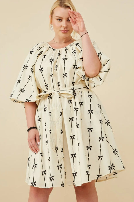 Women's All Over Bow Print Belted Dress