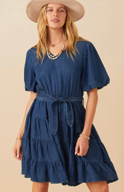 Womens Denim Washed Belted V Neck Dress