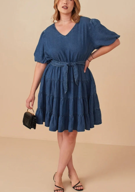 Womens Denim Washed Belted V Neck Dress