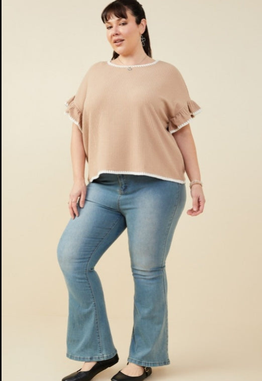 Womens Textured Knit Contrast Stitch Ruffle Top