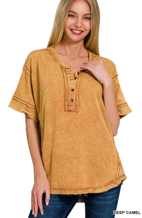Raw edge detailed button closure scoop neck top
