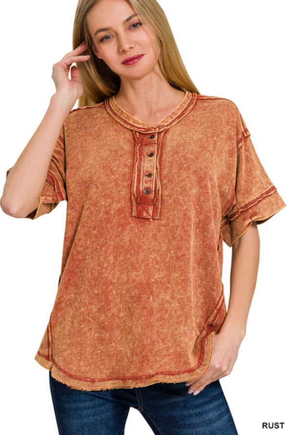 Raw edge detailed button closure scoop neck top