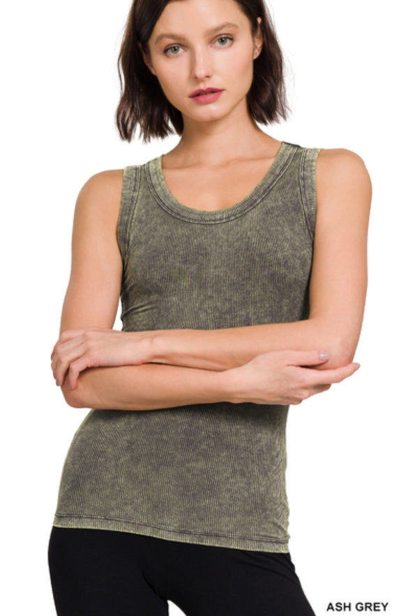 Washed ribbed scoop neck tank top