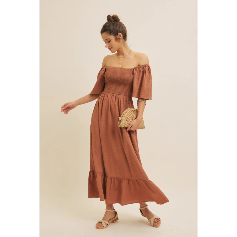 Stretchy Square Neck Smocked Maxi Dress W/ Flare Sleeves