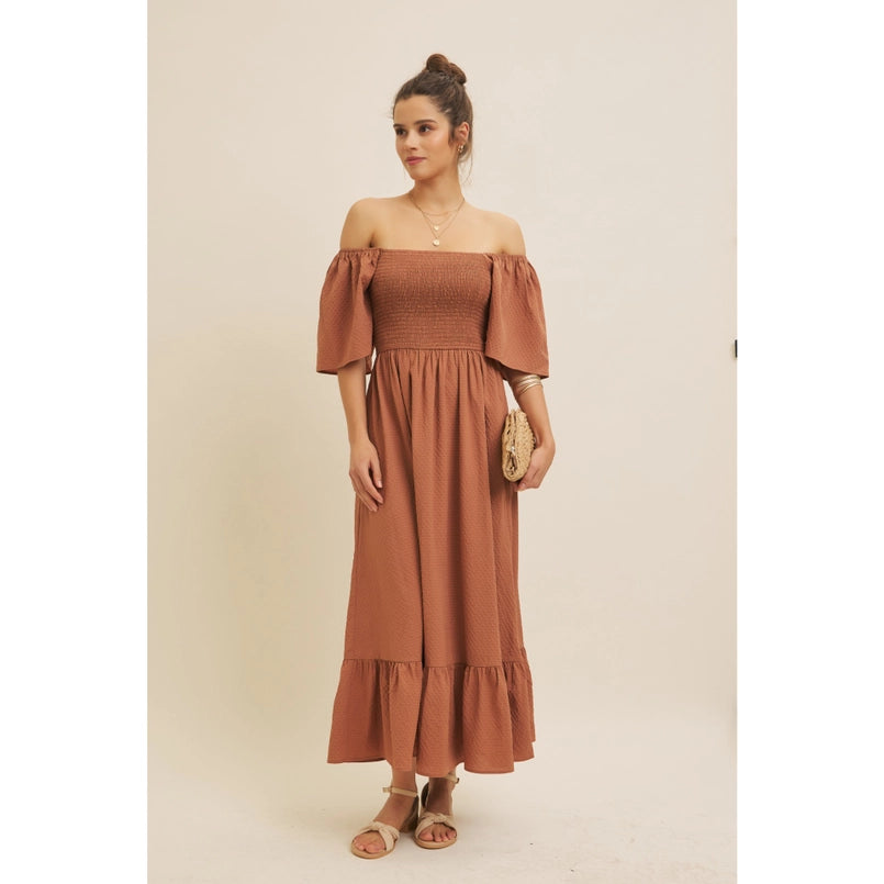 Stretchy Square Neck Smocked Maxi Dress W/ Flare Sleeves
