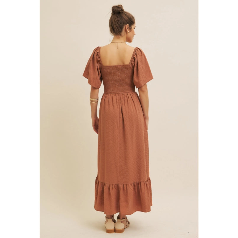 Stretchy Square Neck Smocked Maxi Dress W/ Flare Sleeves