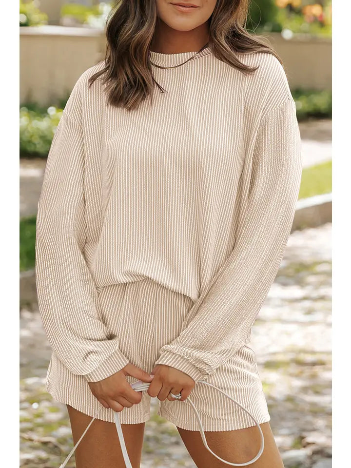Corded Knit Long Sleeve Top and Shorts Set