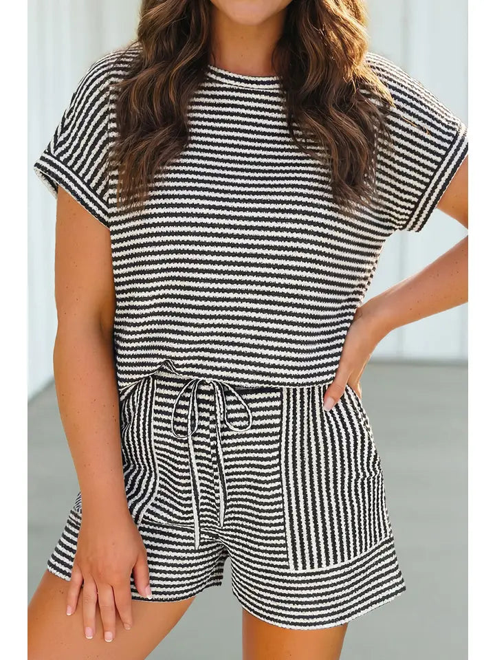 Stripe Breathable Textured Knit Shorts Set