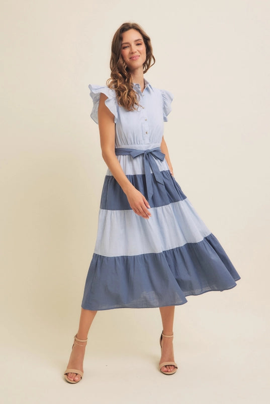 Color-Blocked Midi Dress W/ Button-Down Detail & Ruffle
