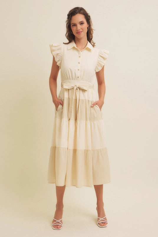 Color-Blocked Midi Dress W/ Button-Down Detail & Ruffle
