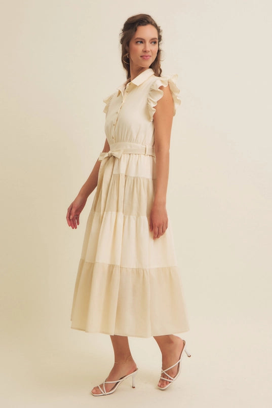 Color-Blocked Midi Dress W/ Button-Down Detail & Ruffle