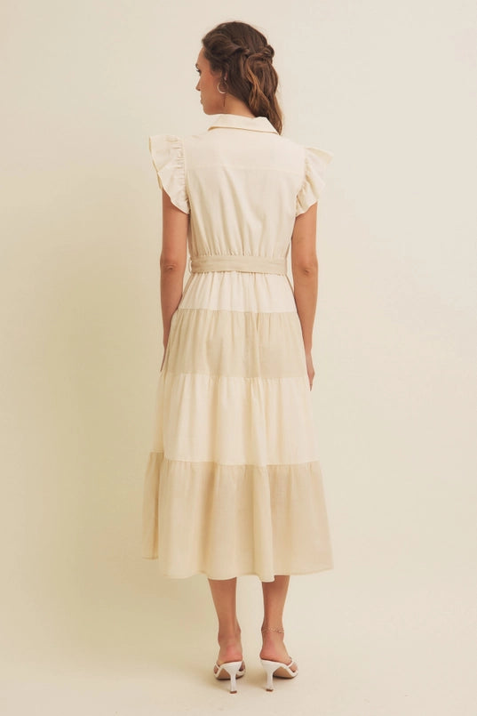 Color-Blocked Midi Dress W/ Button-Down Detail & Ruffle
