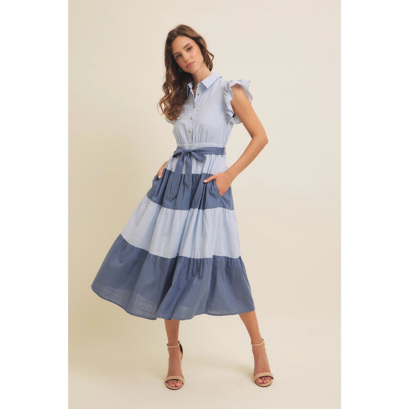 Color-Blocked Midi Dress W/ Button-Down Detail & Ruffle