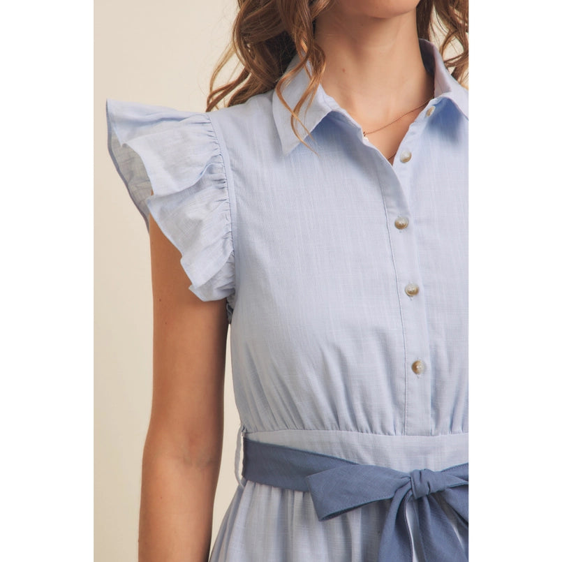 Color-Blocked Midi Dress W/ Button-Down Detail & Ruffle
