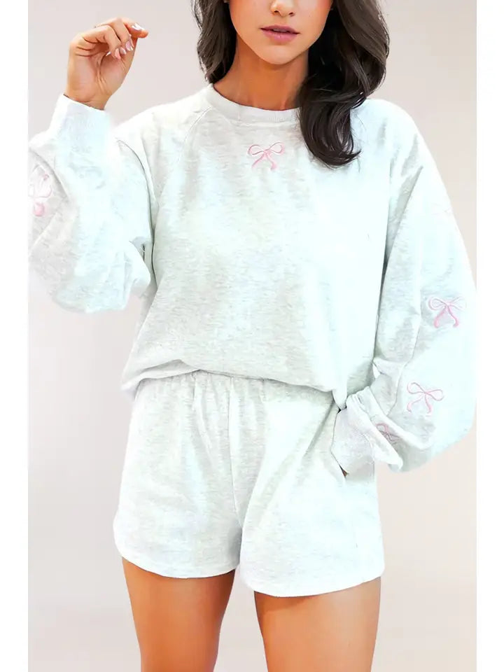 Bow Embroidery Long Sleeve Pullover and Shorts Set
