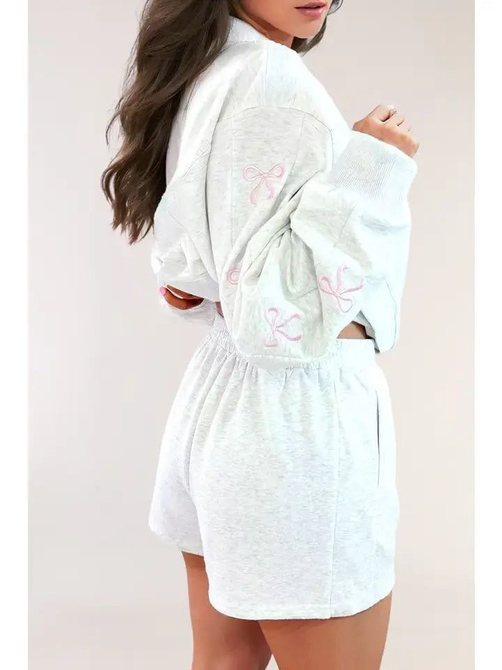 Bow Embroidery Long Sleeve Pullover and Shorts Set