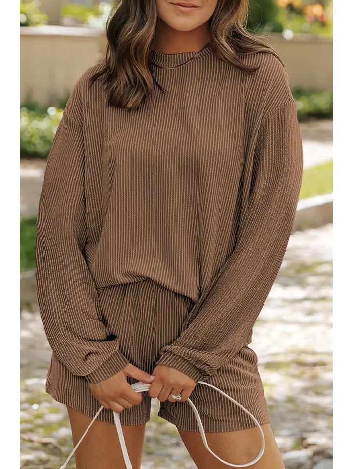 Corded Knit Long Sleeve Top and Shorts Set