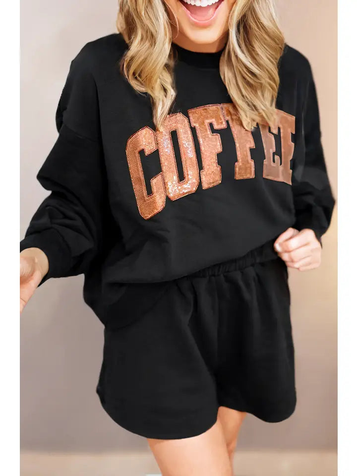 Sequined Coffee Print Loose Fit Sweatshirt and Shorts Set