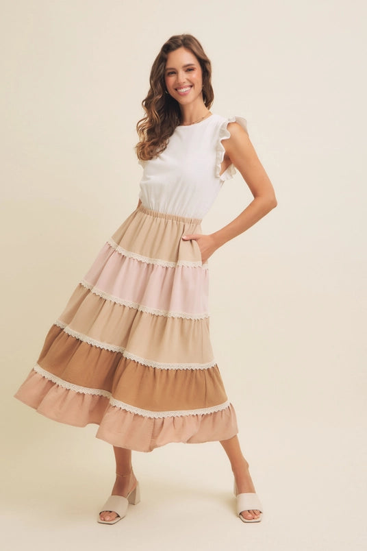 Flutter-Sleeved Midi Dress W/ Tiered Ruffles & Color Blocked