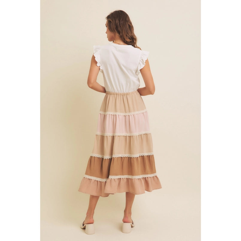 Flutter-Sleeved Midi Dress W/ Tiered Ruffles & Color Blocked