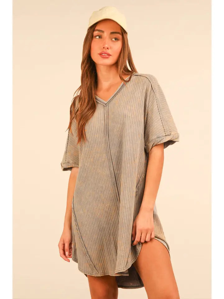 Mineral Washed Ribbed Knit Shift Mini Dress