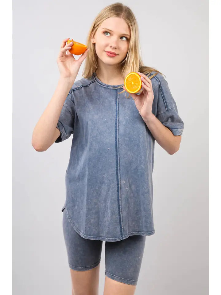Washed Stretchy Knit Activewear Top & Shorts