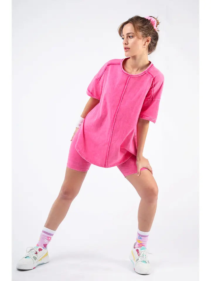 Washed Stretchy Knit Activewear Top & Shorts