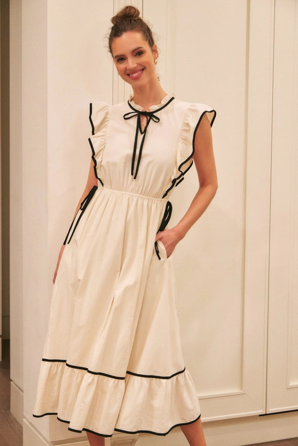 COTTON GAUZE MIDI DRESS WITH CONTRAST BINDING AND RUFFLED