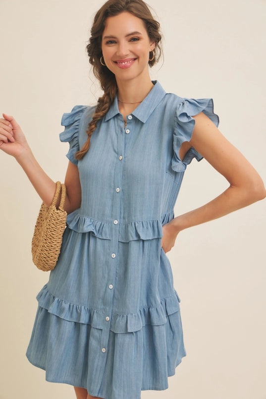Washed Denim Button-Down Flare Mini Dress W/ Ruffle Details