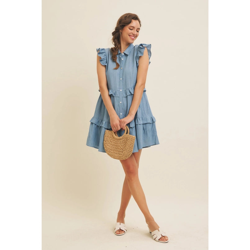 Washed Denim Button-Down Flare Mini Dress W/ Ruffle Details