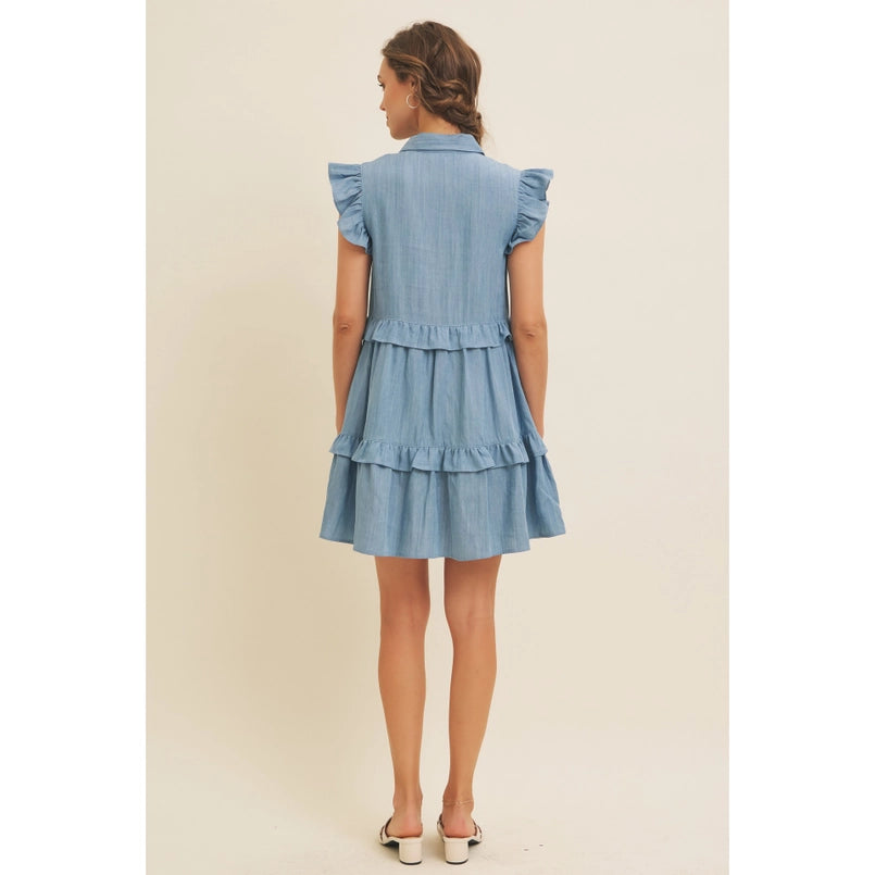 Washed Denim Button-Down Flare Mini Dress W/ Ruffle Details