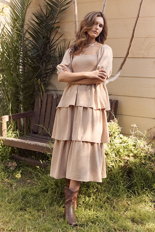Square Neck Smocked Mini Dress W/ Tiered Ruffles